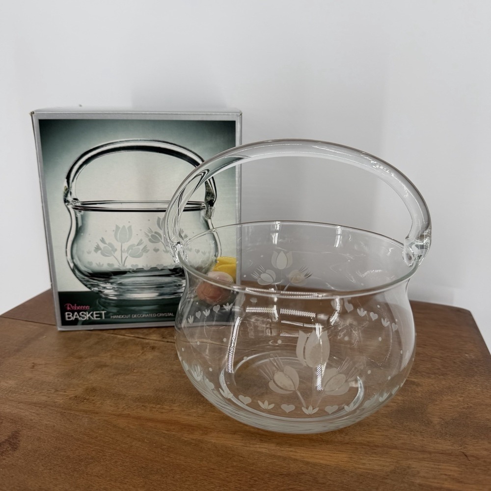 VTG 80s NIB Rebecca Crystal Basket Handblown Etched Tulip Heart Hand Cut‎ Glass